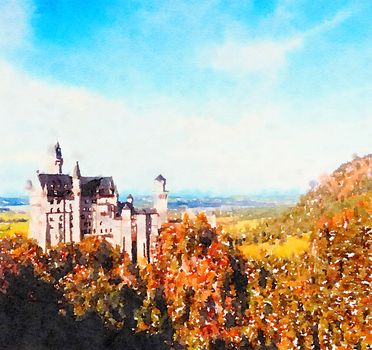 Watercolour Art Print, Castle in Alpine Mountains as Vintage Home Decor