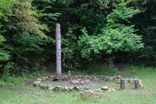 The temple of Dagboga, a pagan idol in the mountain forest of Shapsugi. Dazbog