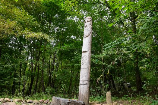 The temple of Dagboga, a pagan idol in the mountain forest of Shapsugi. Dazbog