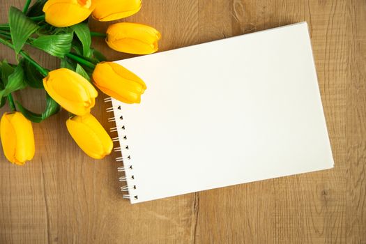 Bouquet of Tulips.Mother's day or birthday top view. Copy space for text.