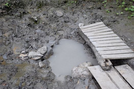 Wooden flooring is a fucking passage through the mud, a mud volcano in the forest.