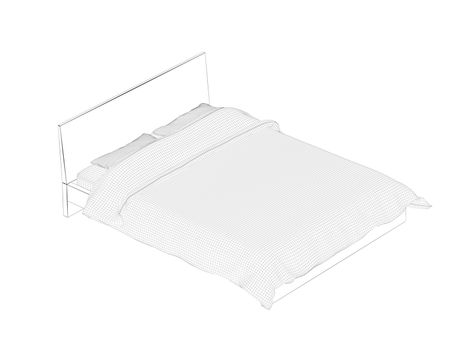 3d wireframe model of bed with mattress, blanket and pillows