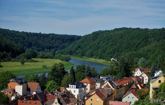 View over the Elbe river and residential homes in Stadt Wehlen, Germany