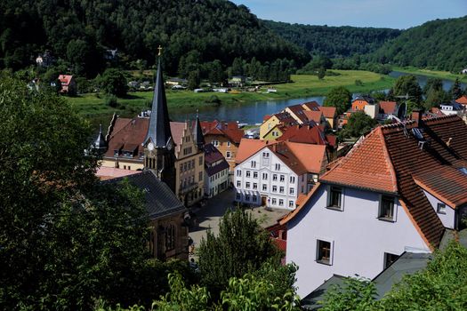 Closer view over the market square and the city Stadt Wehlen with the Elbe river in Saxon Switzerland, Germany