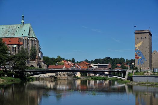 Panorama of the Lusatian Neisse river, the old town bridge and the church St. Peter and Paul in Gorlitz, Germany