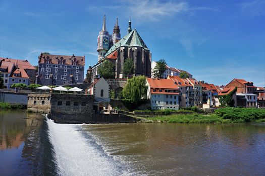 View to the old town of Goerlitz, Germany and the Lusatian Neisse river from Zgorcelec, Poland