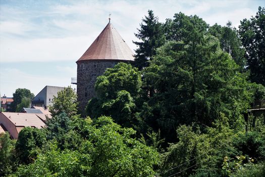 The tower of the tanner bastion Bautzen hidden behind trees