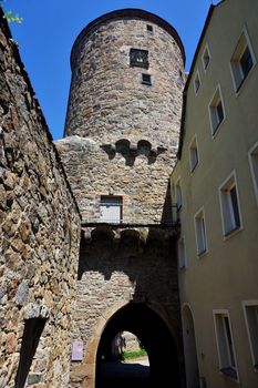 Nicolai tower from the narrow streets of Bautzen, Germany old town