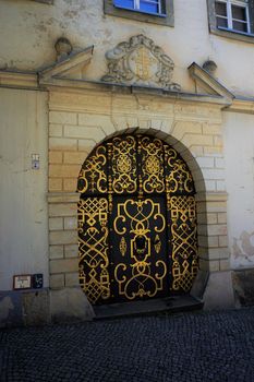Beuatiful door with golden ornaments at meat square Bautzen, Germany