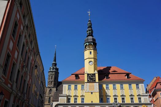 Panorama of the Hauptmarkt square in Bautzen, Germany with town hall, church and baroque facades