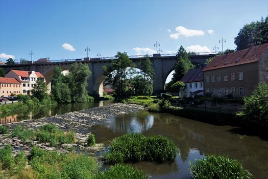 Beautiful scenery of the Spree river and peace bridge in Bautzen, Germany