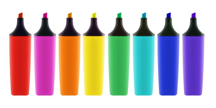 A range of eight colored highlighter pens with clipping path