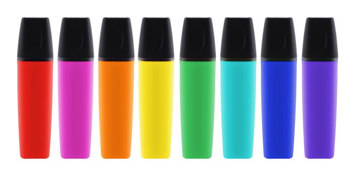 A range of eight colored highlighter pens with lids with clipping path
