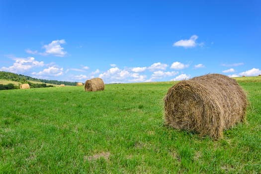 Idyllic farm field with hay bales on the blue sky background