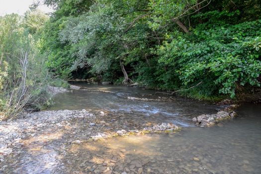 A shallow mountain river, the bottom of a mountain river of stones and gravel.
