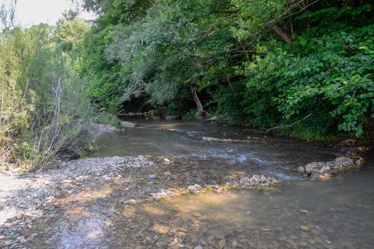 A shallow mountain river, the bottom of a mountain river of stones and gravel.