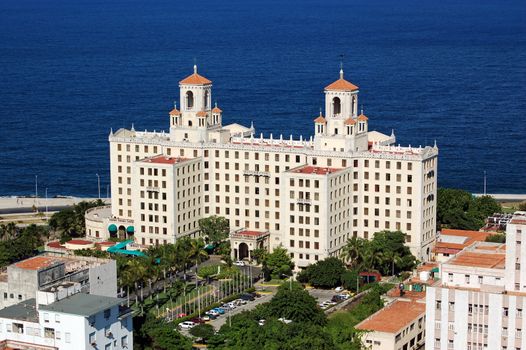 View from above of the historic Hotel Nacional in Havana, Cuba. Once famous for its connections with Mafia gangsters from the USA.