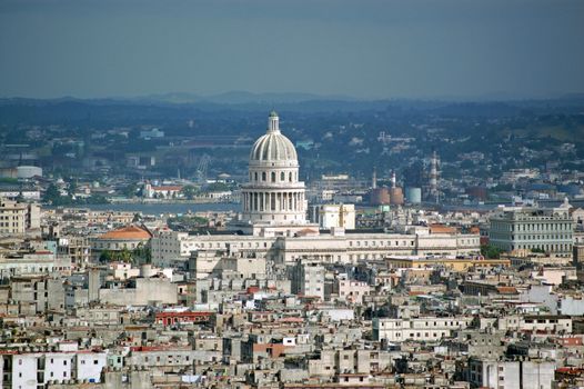 The dome of the Capitolio legislative building dominating the skyline of the city of Havana, Cuba.