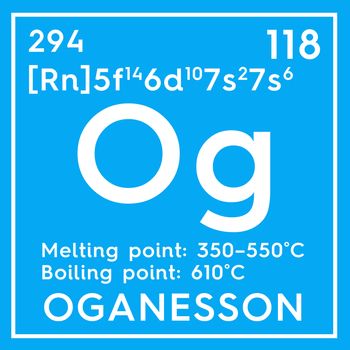 Oganesson. Noble gases. Chemical Element of Mendeleev's Periodic Table. Oganesson in square cube creative concept. 3D illustration.