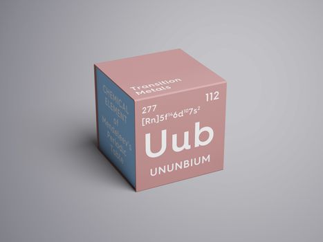 Ununbium. Transition metals. Chemical Element of Mendeleev's Periodic Table. Ununbium in square cube creative concept. 3D illustration.