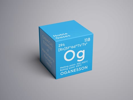 Oganesson. Noble gases. Chemical Element of Mendeleev's Periodic Table. Oganesson in square cube creative concept. 3D illustration.