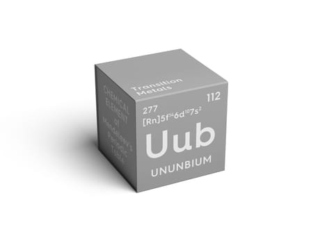 Ununbium. Transition metals. Chemical Element of Mendeleev's Periodic Table. Ununbium in square cube creative concept. 3D illustration.