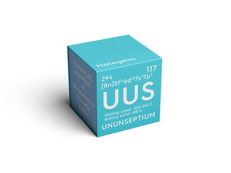 Ununseptium. Halogens. Chemical Element of Mendeleev's Periodic Table. Ununseptium in square cube creative concept. 3D illustration.