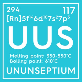 Ununseptium. Halogens. Chemical Element of Mendeleev's Periodic Table. Ununseptium in square cube creative concept. 3D illustration.