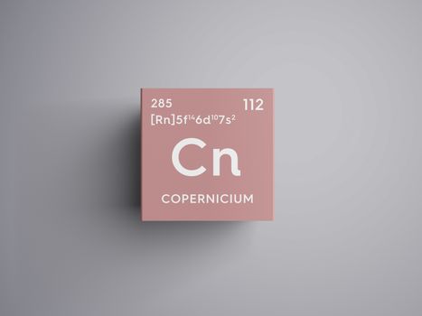 Copernicium. Transition metals. Chemical Element of Mendeleev's Periodic Table. Copernicium in square cube creative concept. 3D illustration.