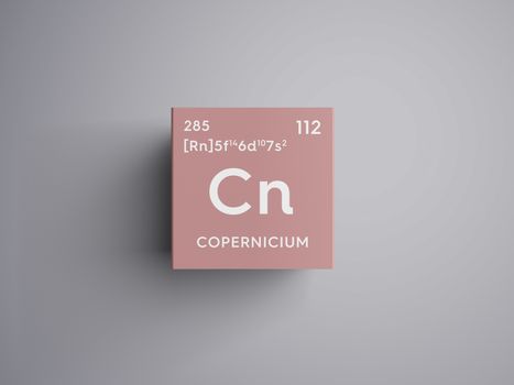 Copernicium. Transition metals. Chemical Element of Mendeleev's Periodic Table. Copernicium in square cube creative concept. 3D illustration.