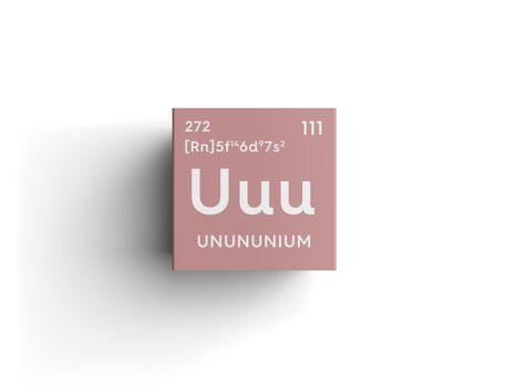 Unununium. Transition metals. Chemical Element of Mendeleev's Periodic Table. Unununium in square cube creative concept. 3D illustration.