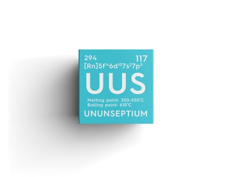 Ununseptium. Halogens. Chemical Element of Mendeleev's Periodic Table. Ununseptium in square cube creative concept. 3D illustration.