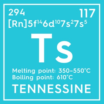 Tennessine. Halogens. Chemical Element of Mendeleev's Periodic Table. Tennessine in square cube creative concept. 3D illustration.