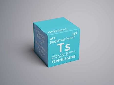 Tennessine. Halogens. Chemical Element of Mendeleev's Periodic Table. Tennessine in square cube creative concept. 3D illustration.