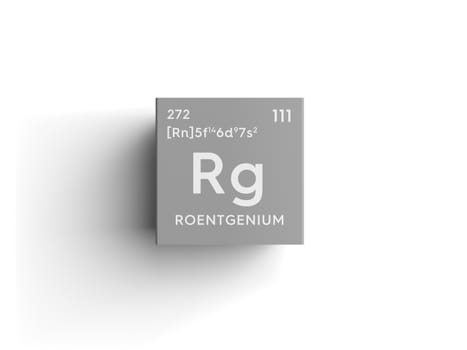 Roentgenium. Transition metals. Chemical Element of Mendeleev's Periodic Table. Roentgenium in square cube creative concept. 3D illustration.