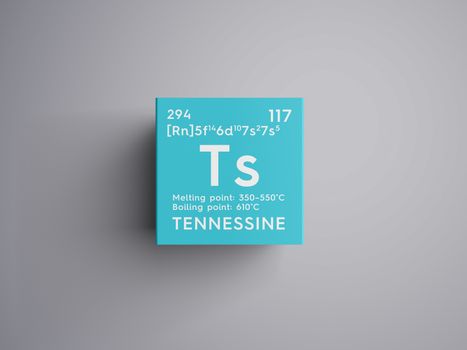 Tennessine. Halogens. Chemical Element of Mendeleev's Periodic Table. Tennessine in square cube creative concept. 3D illustration.