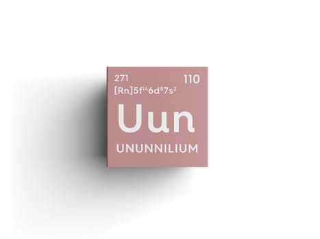 Ununnilium. Transition metals. Chemical Element of Mendeleev's Periodic Table. Ununnilium in square cube creative concept. 3D illustration.