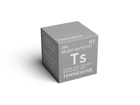 Tennessine. Halogens. Chemical Element of Mendeleev's Periodic Table. Tennessine in square cube creative concept. 3D illustration.