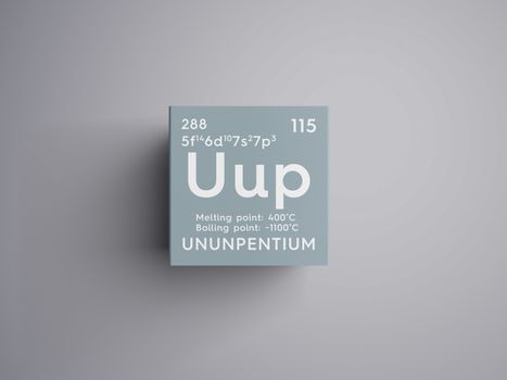 Ununpentium. Post-transition metals. Chemical Element of Mendeleev's Periodic Table. Ununpentium in square cube creative concept. 3D illustration.