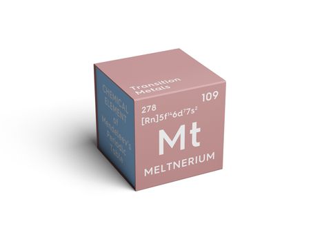 Meltnerium. Transition metals. Chemical Element of Mendeleev's Periodic Table. Meltnerium in square cube creative concept. 3D illustration.