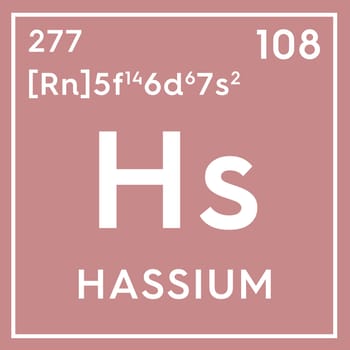Hassium. Transition metals. Chemical Element of Mendeleev's Periodic Table. Hassium in square cube creative concept. 3D illustration.