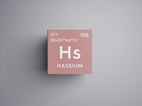 Hassium. Transition metals. Chemical Element of Mendeleev's Periodic Table. Hassium in square cube creative concept. 3D illustration.