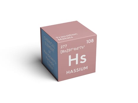 Hassium. Transition metals. Chemical Element of Mendeleev's Periodic Table. Hassium in square cube creative concept. 3D illustration.