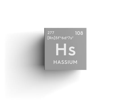 Hassium. Transition metals. Chemical Element of Mendeleev's Periodic Table. Hassium in square cube creative concept. 3D illustration.