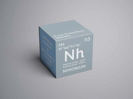 Nihonium. Post-transition metals. Chemical Element of Mendeleev's Periodic Table. Nihonium in square cube creative concept. 3D illustration.