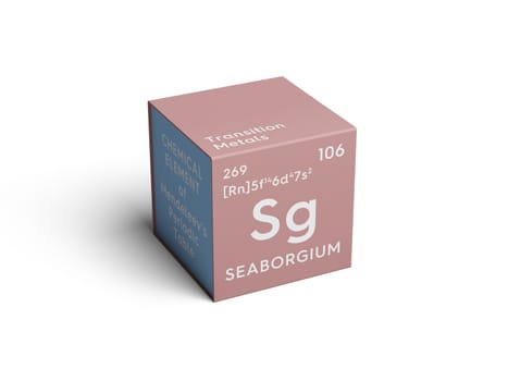 Seaborgium. Transition metals. Chemical Element of Mendeleev's Periodic Table. Seaborgium in square cube creative concept. 3D illustration.