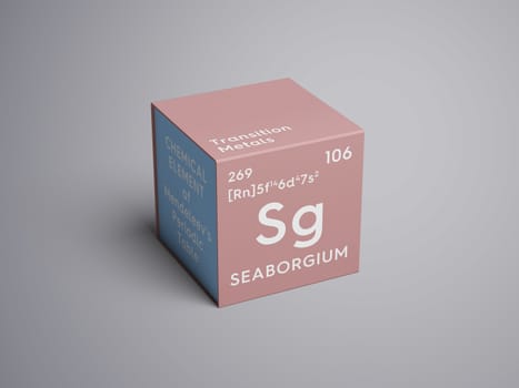 Seaborgium. Transition metals. Chemical Element of Mendeleev's Periodic Table. Seaborgium in square cube creative concept. 3D illustration.