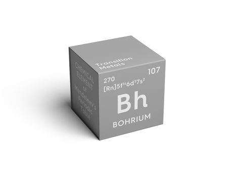 Bohrium. Transition metals. Chemical Element of Mendeleev's Periodic Table. Bohrium in square cube creative concept. 3D illustration.