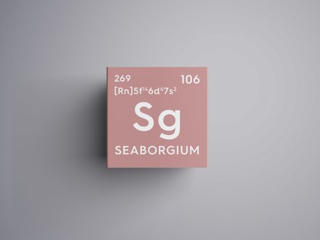 Seaborgium. Transition metals. Chemical Element of Mendeleev's Periodic Table. Seaborgium in square cube creative concept. 3D illustration.