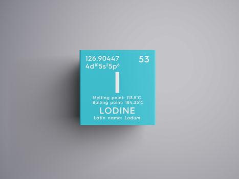 Lodine. Lodum. Halogens. Chemical Element of Mendeleev's Periodic Table. Lodine in square cube creative concept. 3D illustration.